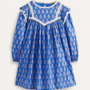 Mini Boden Blue Paisley Long Sleeve Dress with Lace Trim